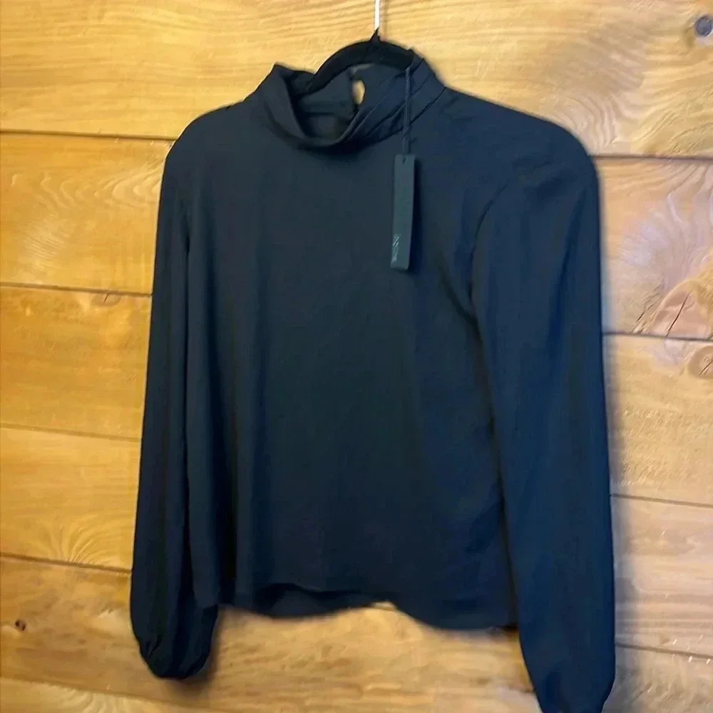 Revolve Krista women’s blouse black long sleeve high collar button in back event